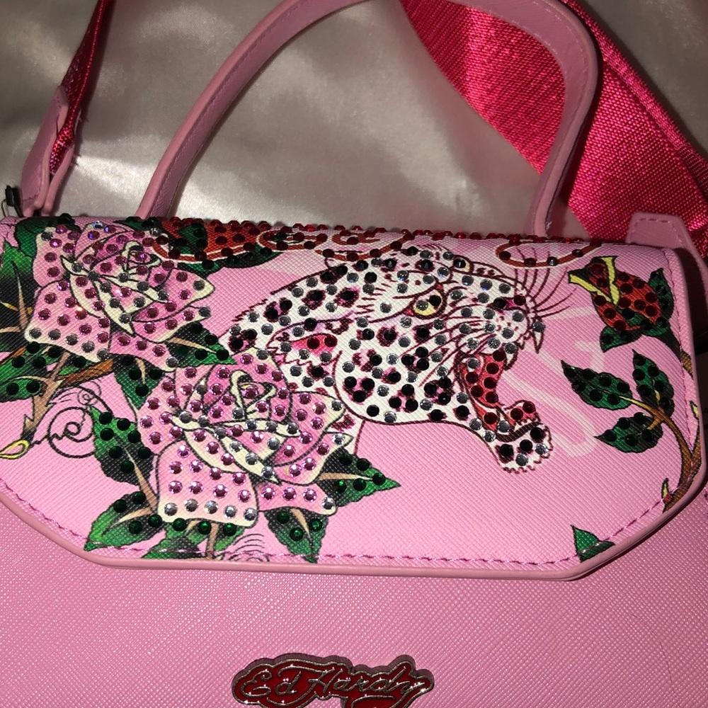 Ed Hardy Pink Multi Faux Leather Top Handle Crossbody Bag Leopard & Floral NWT - Picture 5 of 16